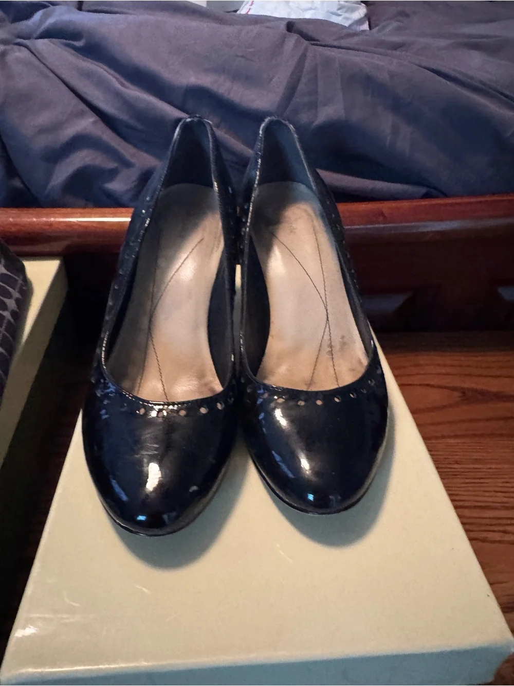 kate spade Black Patent Mid Heel Pumps with Perforated Trim